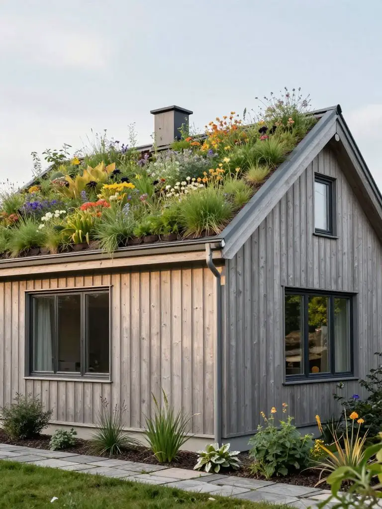 exterior of a Scandinavian-style home with a lush living green roof covered in native wildflowers and grasses.