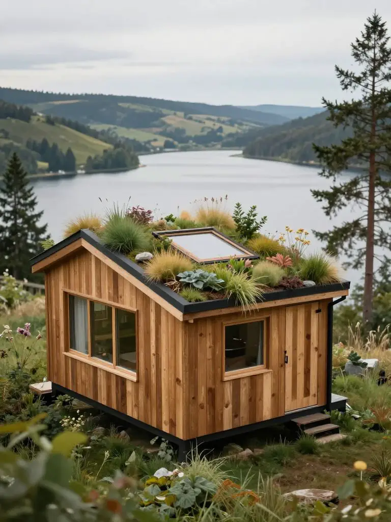 A sustainable off-grid tiny house with a fully planted living roof overlooking a scenic lake and valley.