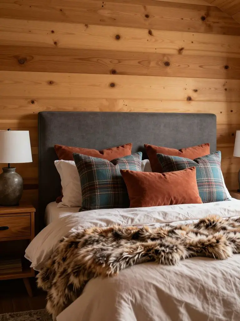 A lodge-style cabin bedroom styled with layered cabin decorating ideas.