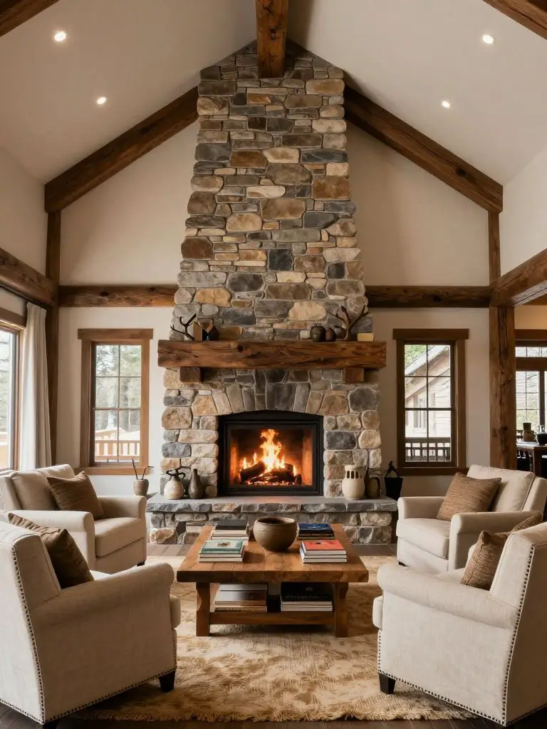 A grand mountain lodge living room featuring a towering stacked-stone fireplace rising to a white vaulted ceiling.