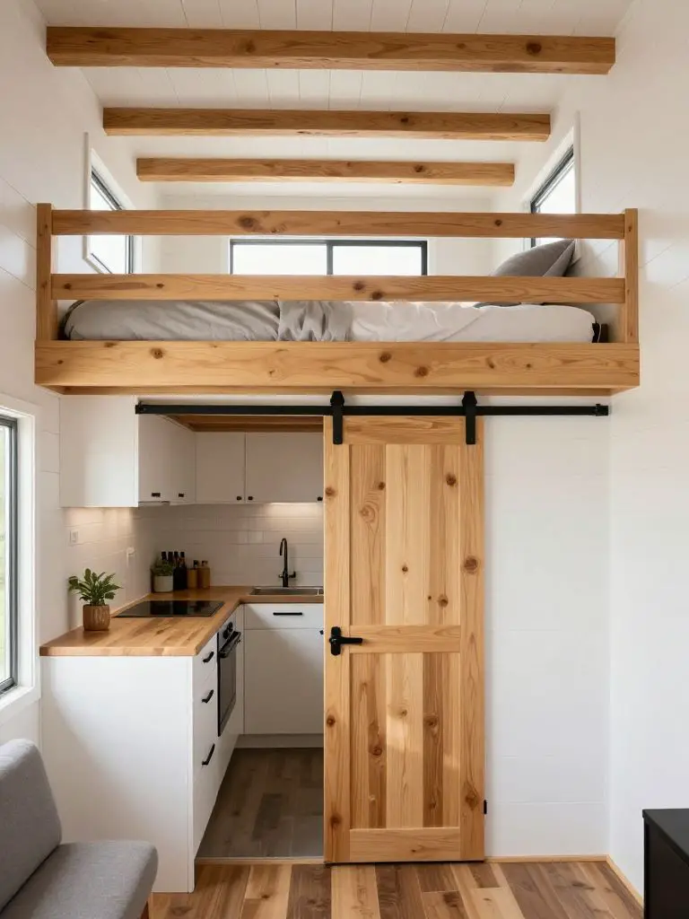 An efficient off grid tiny house interior featuring a lofted bed positioned above a compact kitchen, designed in warm minimalist rustic styl.
