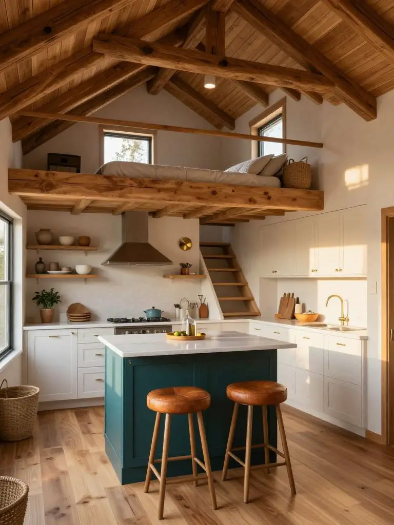 A lofted tiny home kitchen with exposed natural pine beams and vaulted ceiling in a Modern Rustic aesthetic.