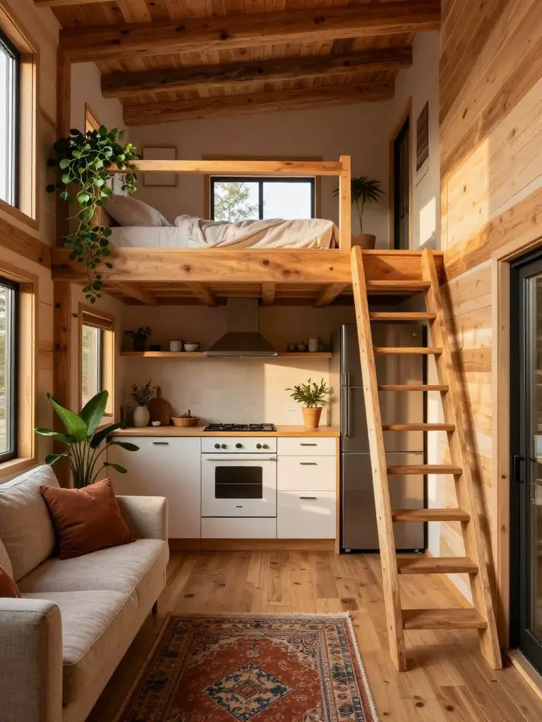 A lofted tiny cabin layout combining kitchen and living space in a Warm Minimalist Rustic aesthetic.