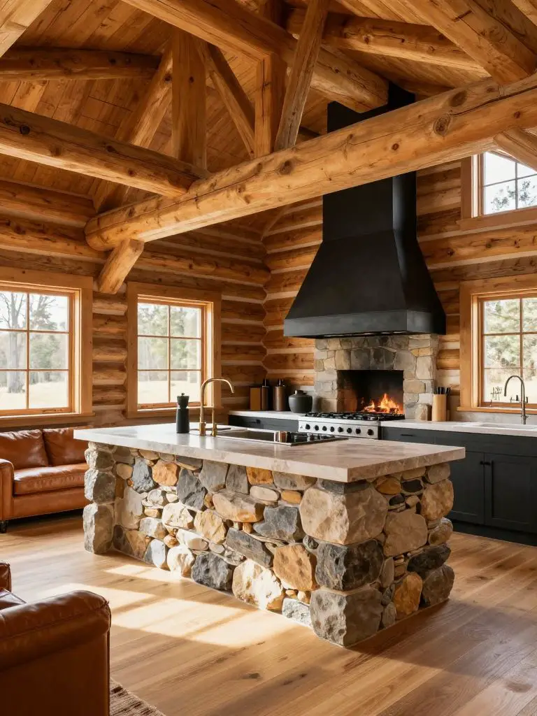 A log-beam modern rustic cabin design kitchen with exposed timber trusses and a central stone island.