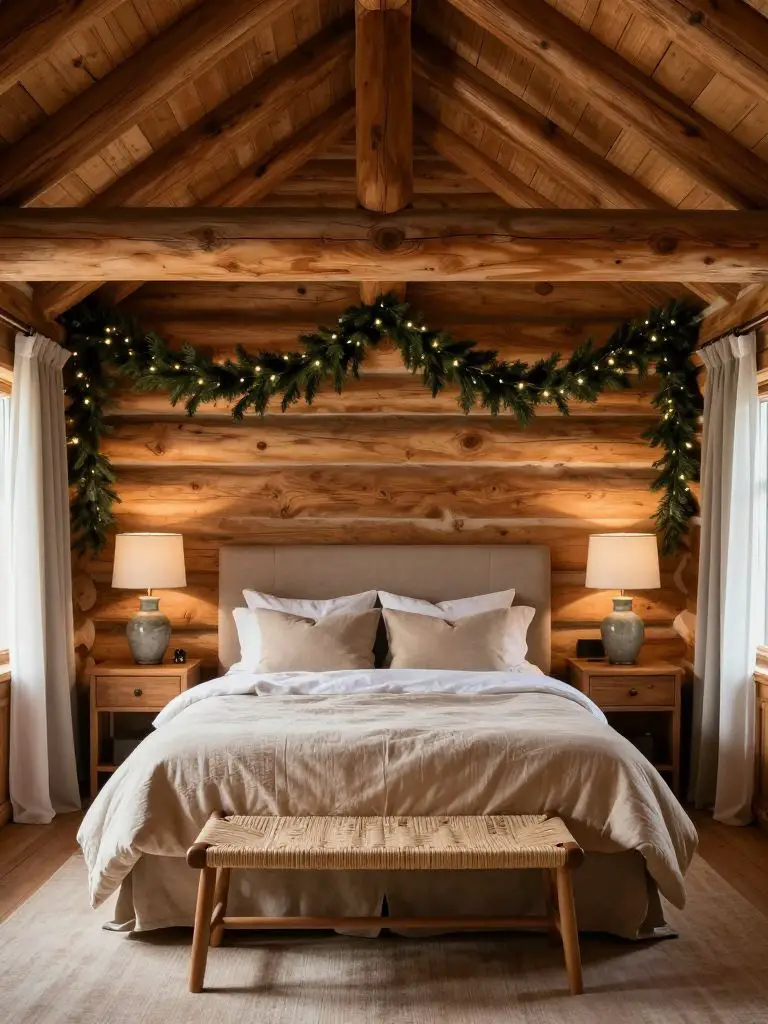 A vaulted log cabin bedroom styled with cozy seasonal cabin decorating ideas.