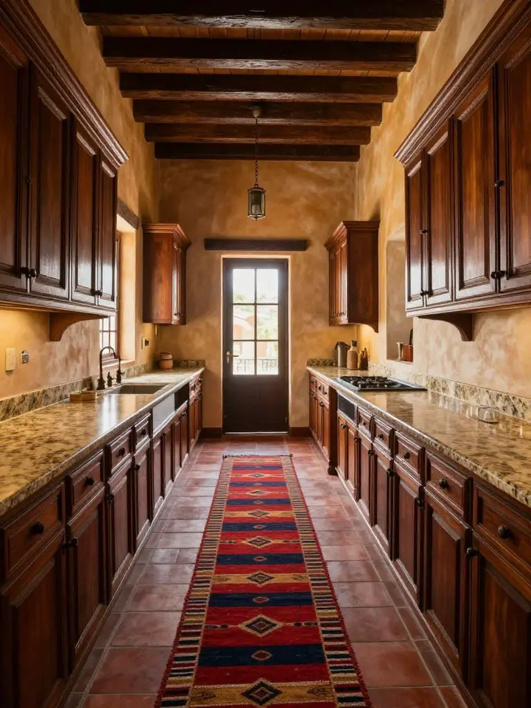 A long Mexican Hacienda galley kitchen with warm terracotta floor tiles and richly carved dark wood cabinetry lining both sides.