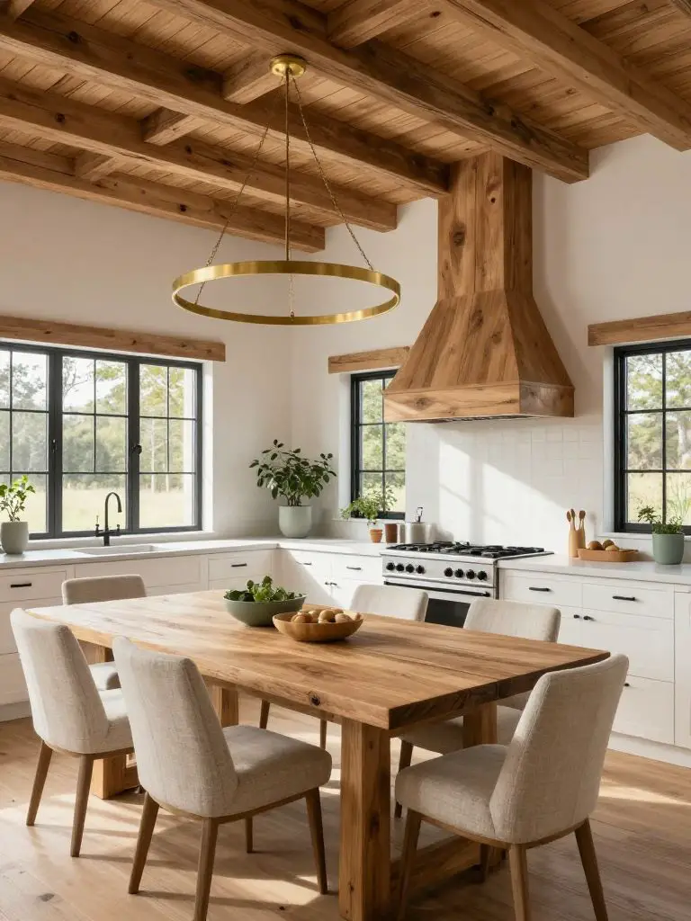 A hyper- image captures a modern rustic cabin’s open-concept kitchen and dining area, where a large farm-style oak dining table commands the.