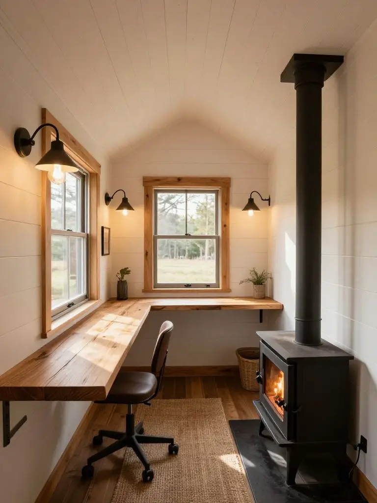 A narrow off-grid tiny house workspace designed in Modern Rustic style, featuring a built-in wraparound desk beneath a vaulted white shiplap.