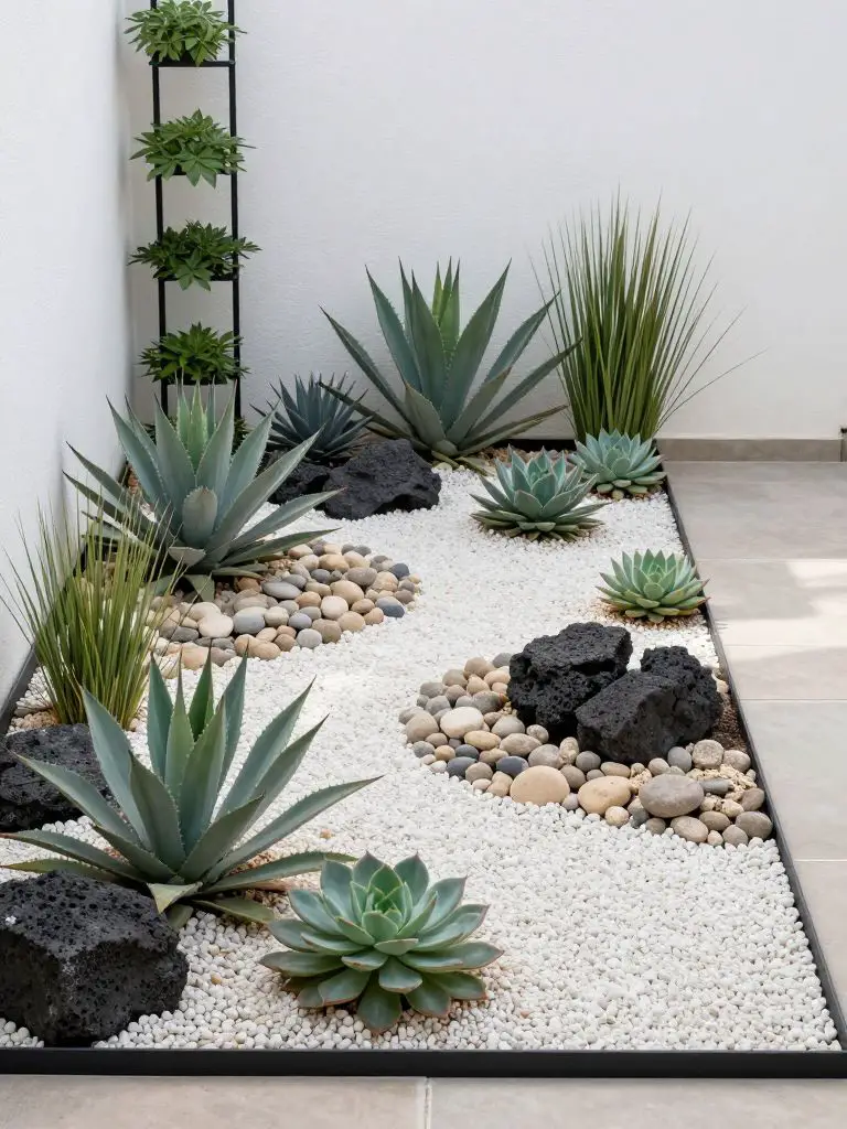 A compact succulent garden arranged in geometric beds for a tiny backyard corner, styled in Modern Minimalist desert-inspired design.