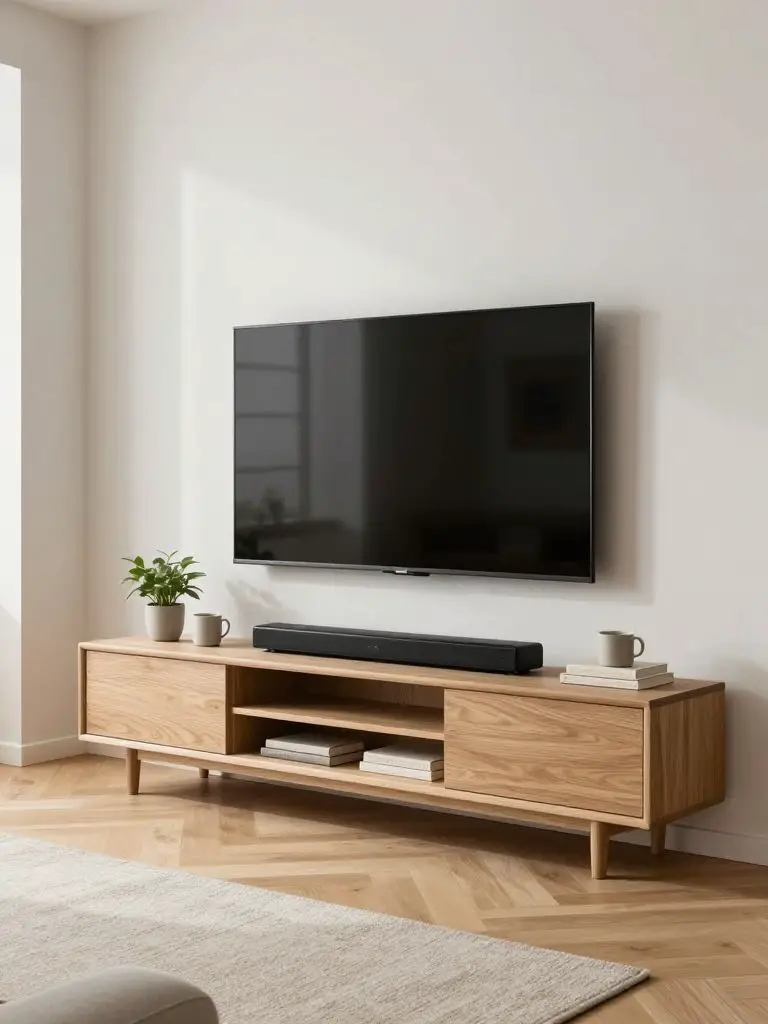 A clean minimalist TV wall with a low solid oak media console and floating black soundbar beneath a wall-mounted screen.