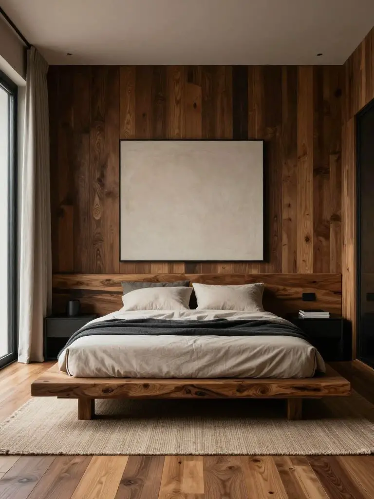 A minimalist modern rustic bedroom featuring a low reclaimed wood platform bed positioned against a full wood plank accent wall in rich espr.