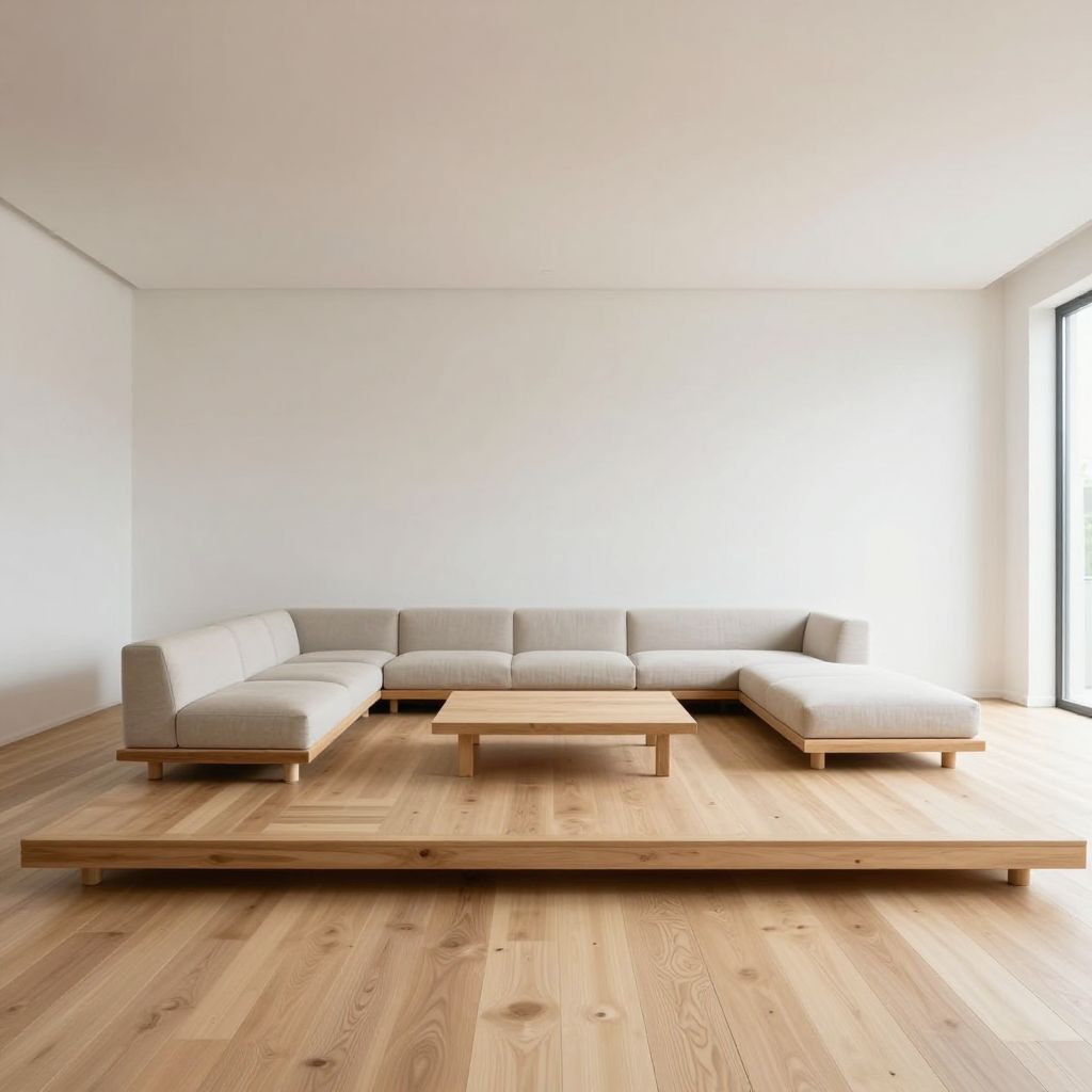 Architectural interior photography emphasizing low-profile furniture in a minimalist living room, wide-angle view of platform sofa with expo.