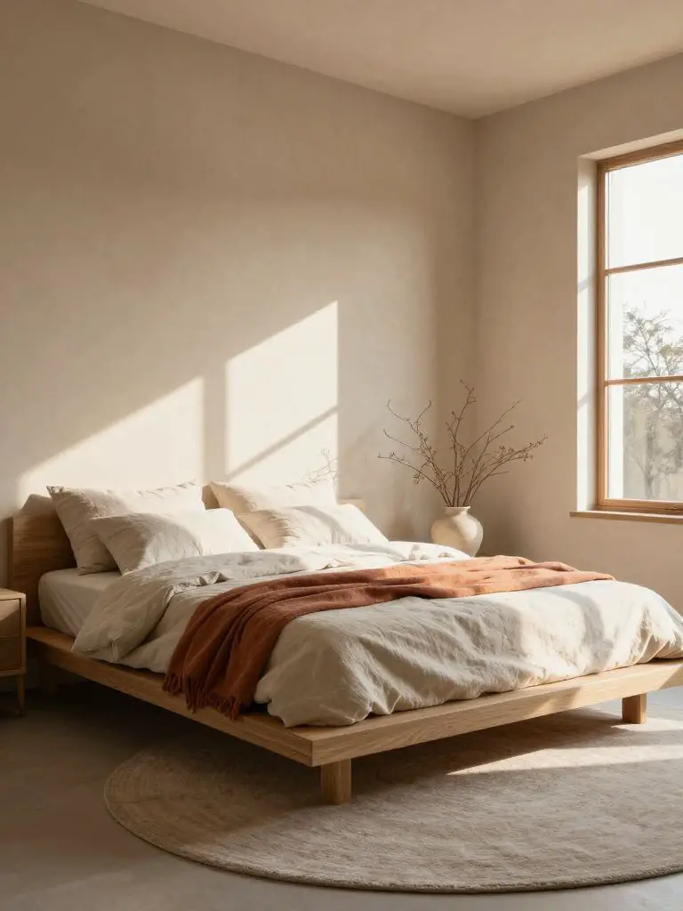 A serene Japandi bedroom with a low-profile platform bed crafted from light FSC oak, layered with soft ivory linen bedding and a warm clay-t.