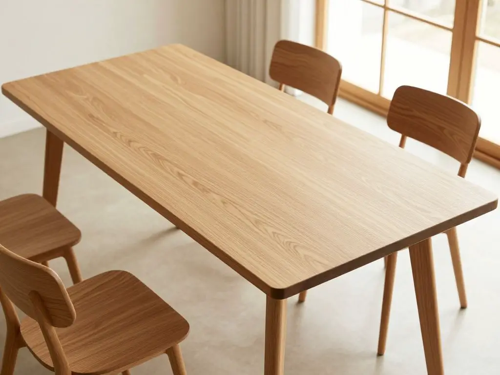 interior photography of a low-profile wooden dining table in light oak with clean tapered legs, minimalist Japandi style, overhead angle sho.