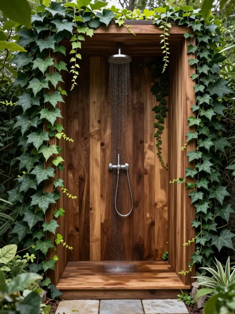 A cozy ivy-framed off grid shower nook combining modern rustic and organic garden style.