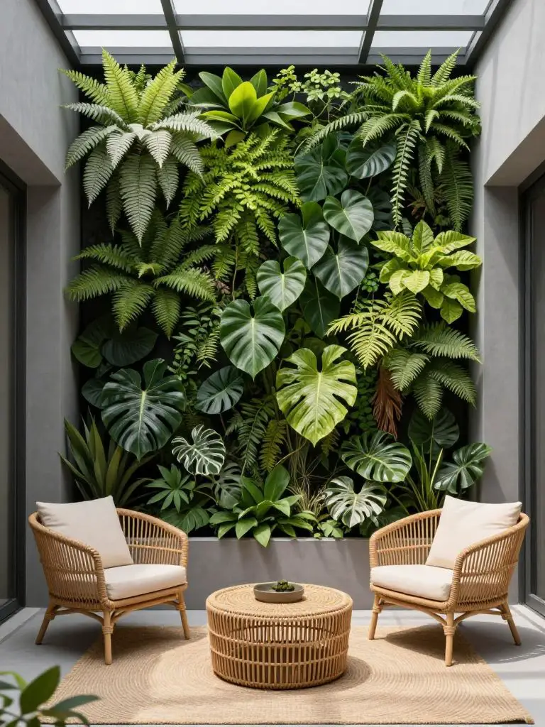 A modern tiny backyard with a lush living wall as the hero centerpiece, designed in Warm Minimalist and biophilic style.
