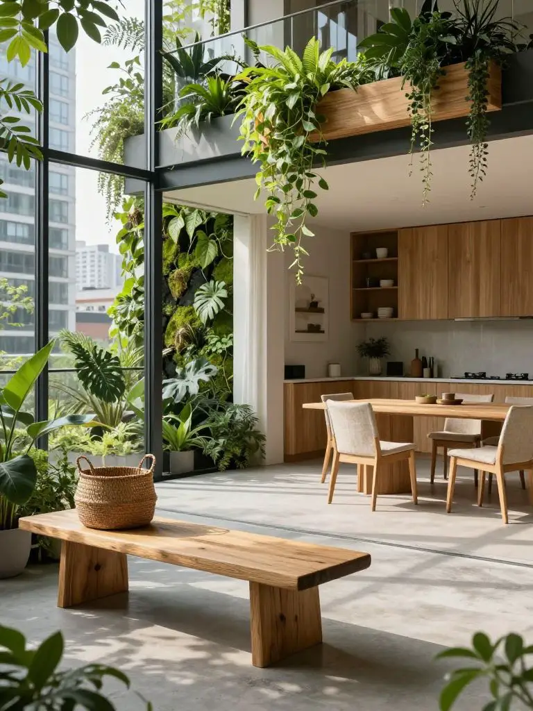 Capture a hyper-, photograph of a lush urban green space home, where a modern Scandinavian-inspired living area seamlessly integrates indoor.