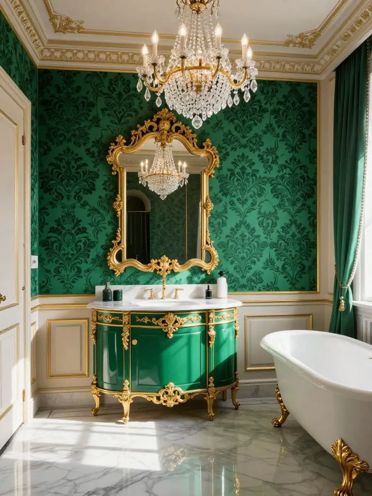 A luxe Baroque emerald bathroom showcasing ornate emerald damask wallpaper paired with cream and gold panel molding.