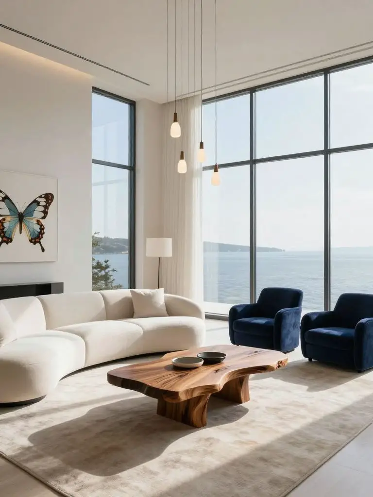 A luxury high-rise minimalist living room overlooking water through floor-to-ceiling windows.