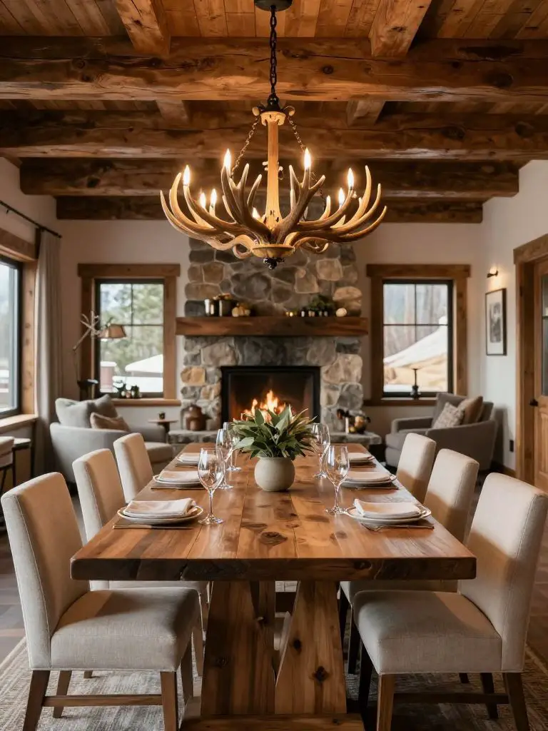 A luxury mountain lodge dining room featuring a long solid wood dining table beneath a dramatic antler chandelier.