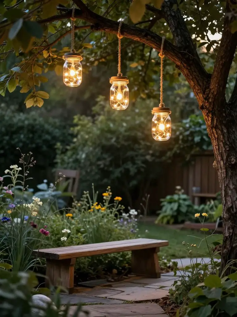 An intimate backyard tree scene styled in Warm Minimalist and Modern Rustic outdoor decor, featuring hanging mason jar lanterns suspended fr.