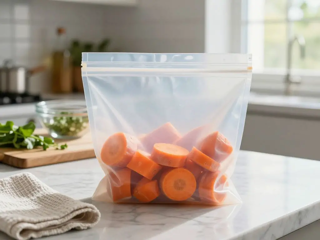 An ultra-sharp, hyper- image capturing a partially open silicone storage bag filled with vibrant sliced vegetables, positioned front and cen.