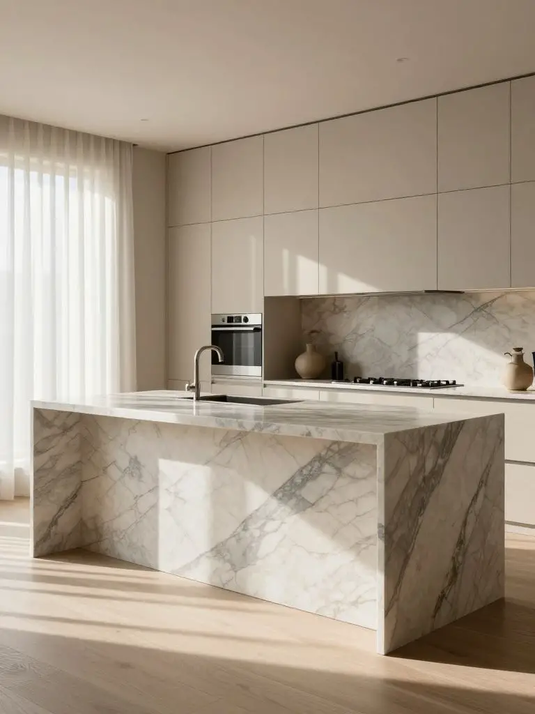 Luxury kitchen remodel centered around a dramatic marble waterfall island with bold gray veining cascading down both sides, positioned promi.
