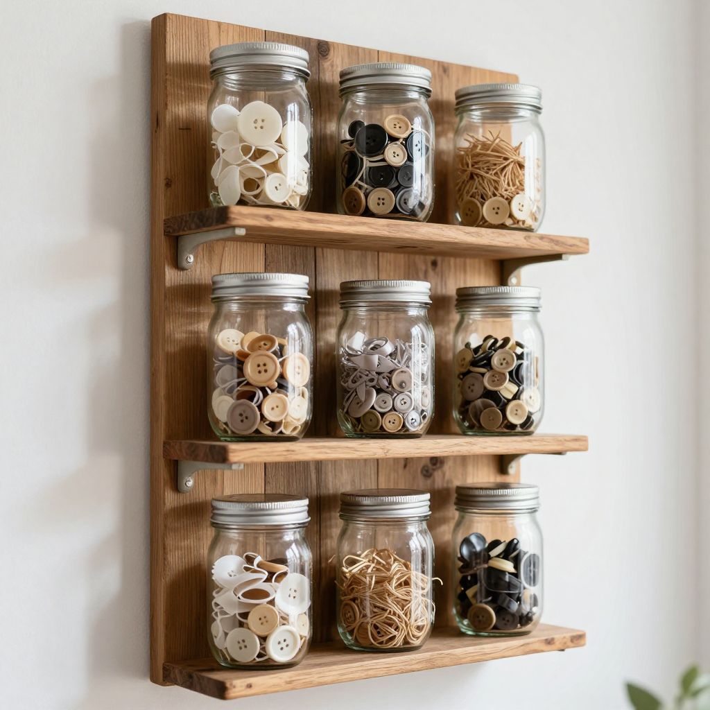 interior photography of mason jars mounted on a rustic wooden board on a white wall, jars containing craft supplies like buttons, ribbons, a.