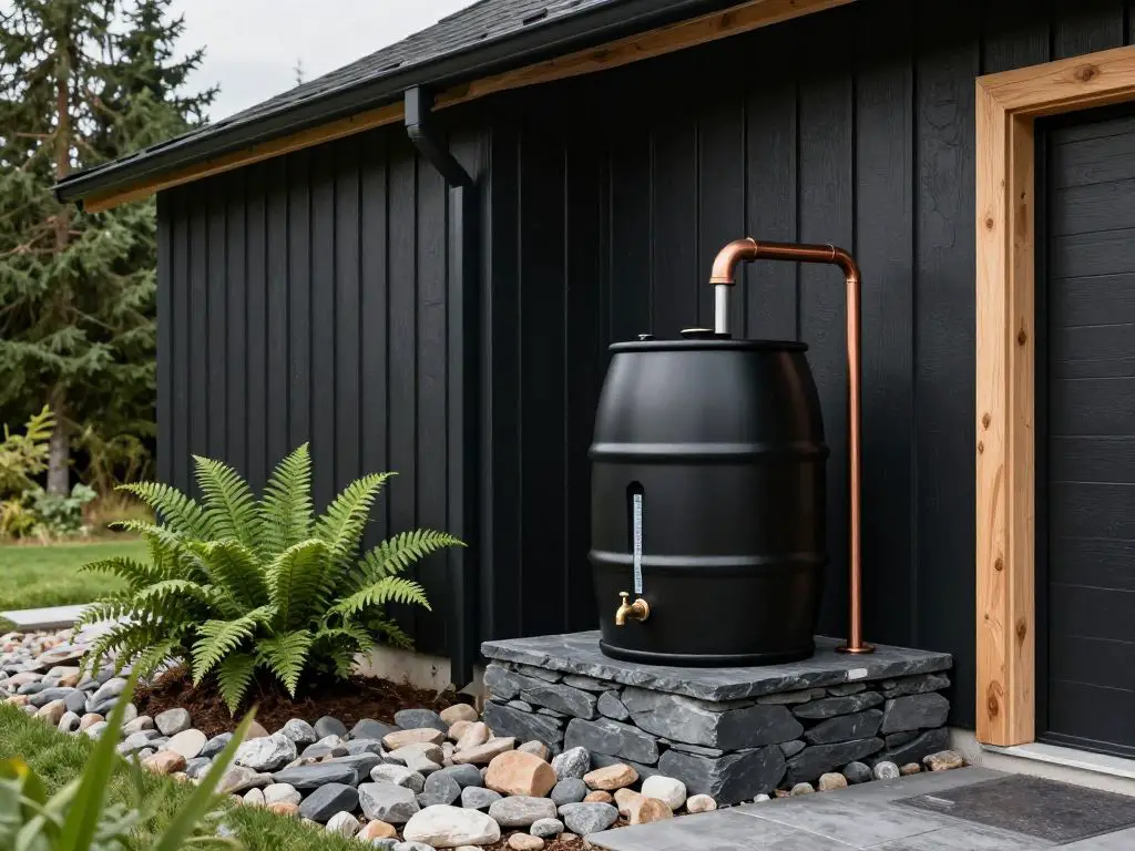 Exterior photograph of a modern rainwater collection system integrated into a Japandi-style barn structure with black vertical siding and na.