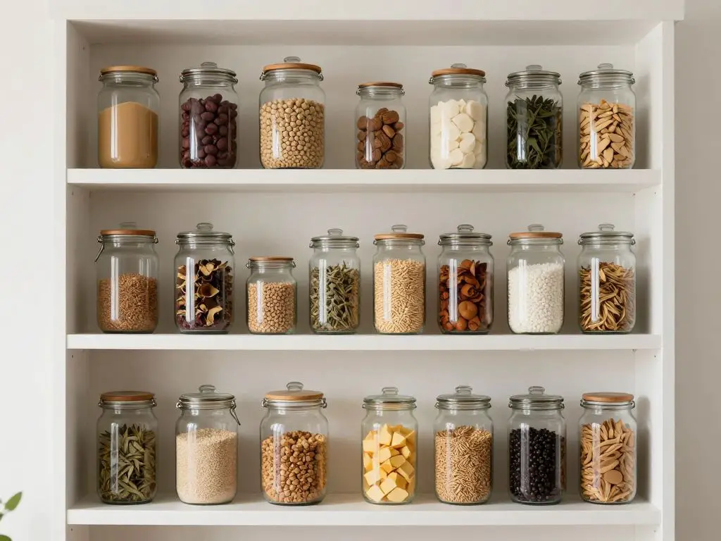 image of beautifully organized open kitchen shelving with clear glass jars containing various dried goods, grains, and pantry staples neatly.