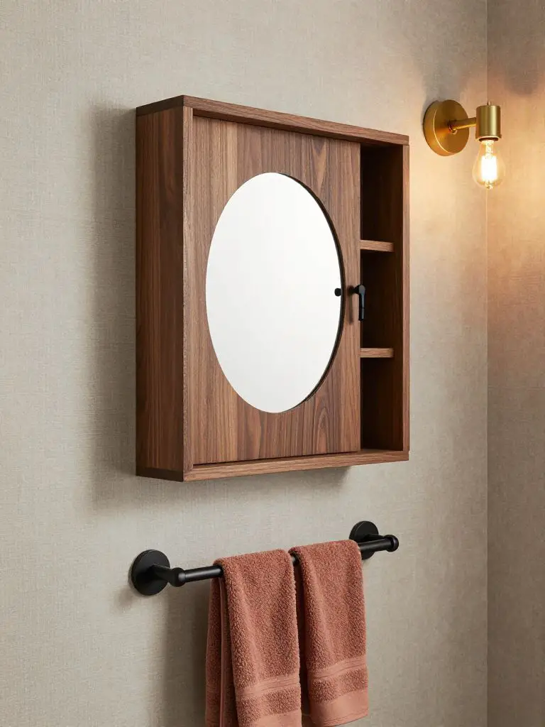 A compact bathroom vignette in modern rustic style featuring a wall-mounted wooden medicine cabinet with a round mirror inset and open side.