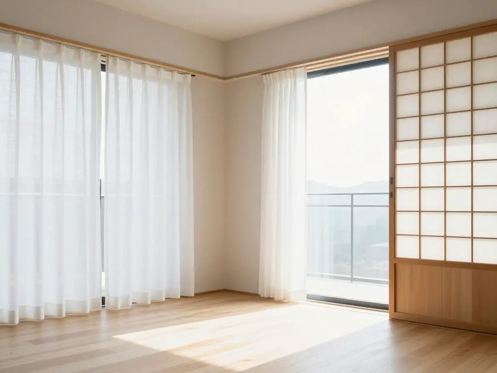 interior photograph of Japanese minimalist living room flooded with natural light, large windows with simple white linen curtains pulled bac.