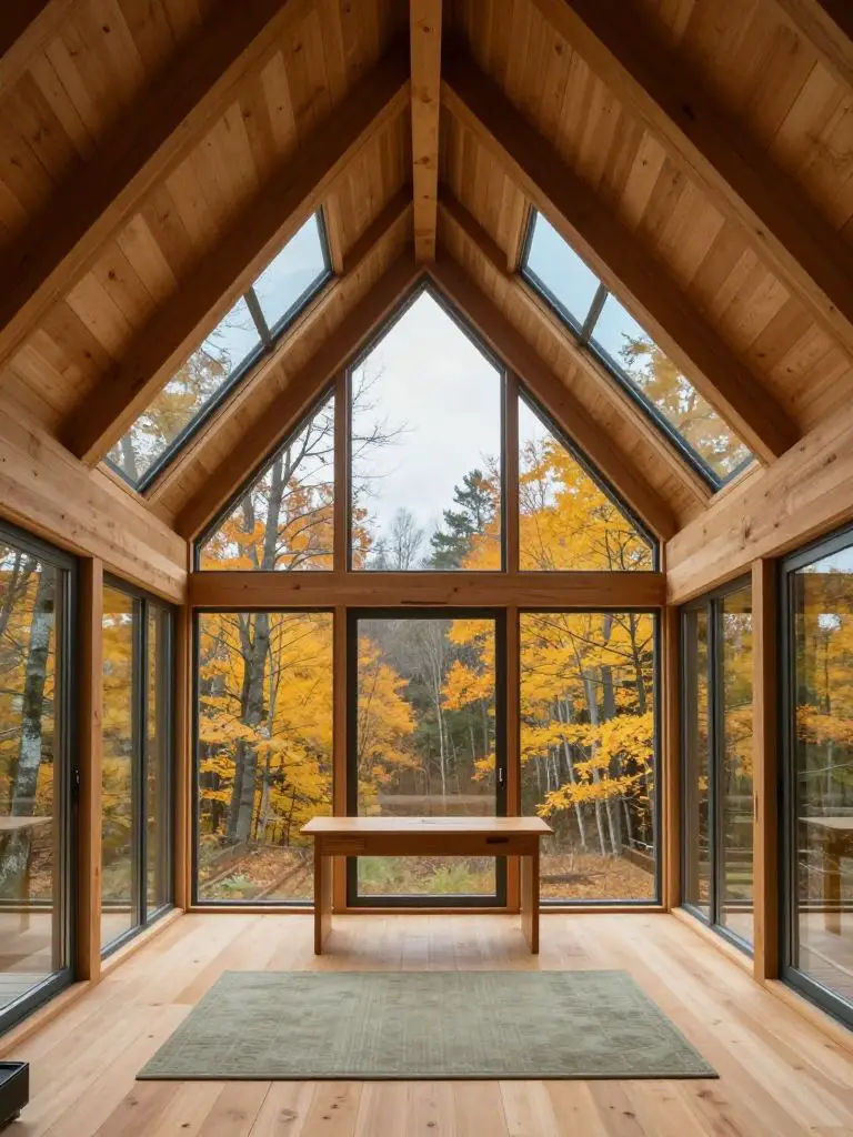 A dramatic off-grid sunroom interior with vaulted ceilings and expansive glass walls overlooking autumn forest.