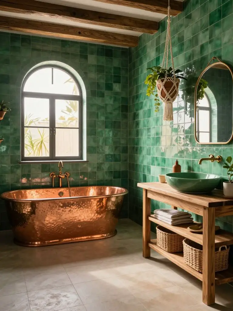 A Mediterranean-inspired emerald bathroom featuring handcrafted emerald square tiles wrapping the lower half of the walls.