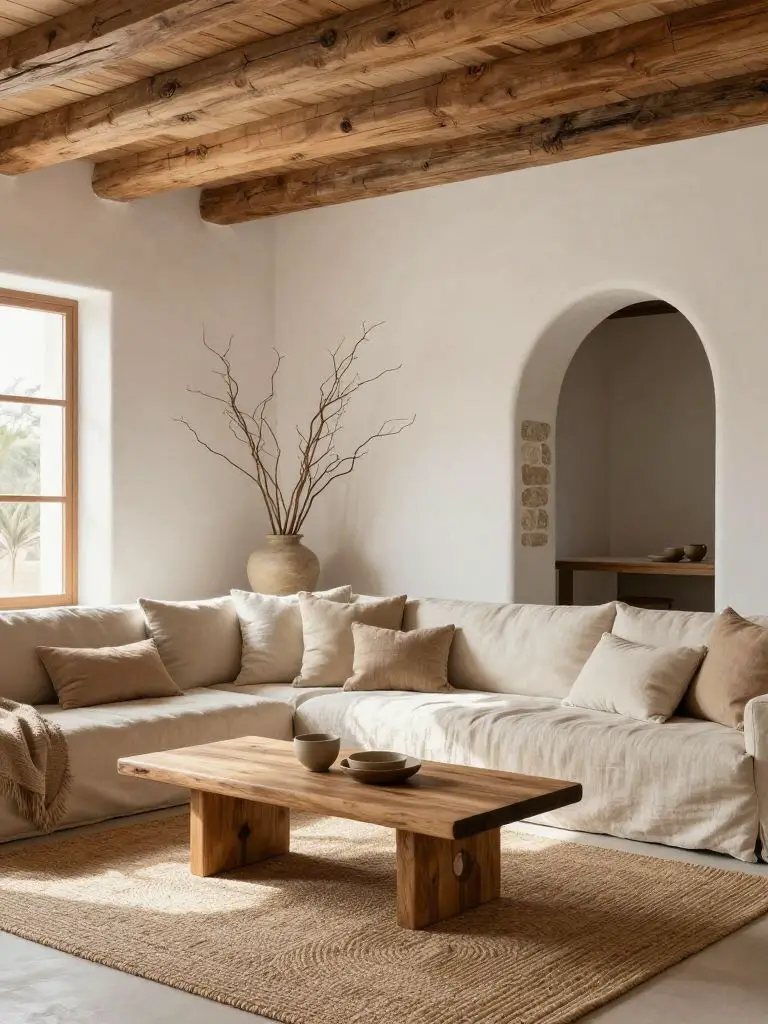 A Mediterranean-inspired eco friendly lounge with exposed reclaimed wood ceiling beams and limewashed white walls.