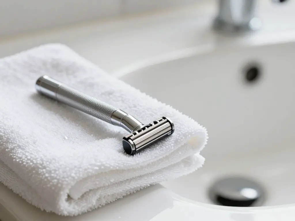 Close-up photography of chrome safety razor resting on folded white cotton towel beside bathroom sink, razor head showing precision engineer.