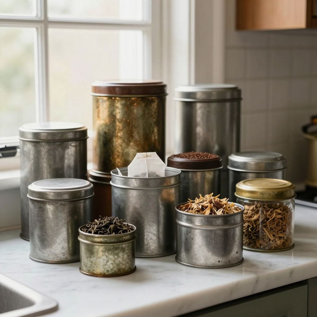 interior photography of a vintage apothecary-style arrangement on a kitchen counter, featuring various sizes of antique metal tins and alumi.