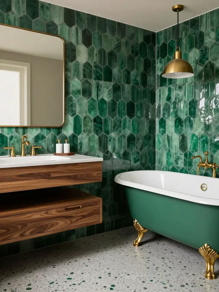 A mid-century modern emerald bathroom with hexagonal emerald wall tiles and a floating walnut vanity mounted along the left wall.