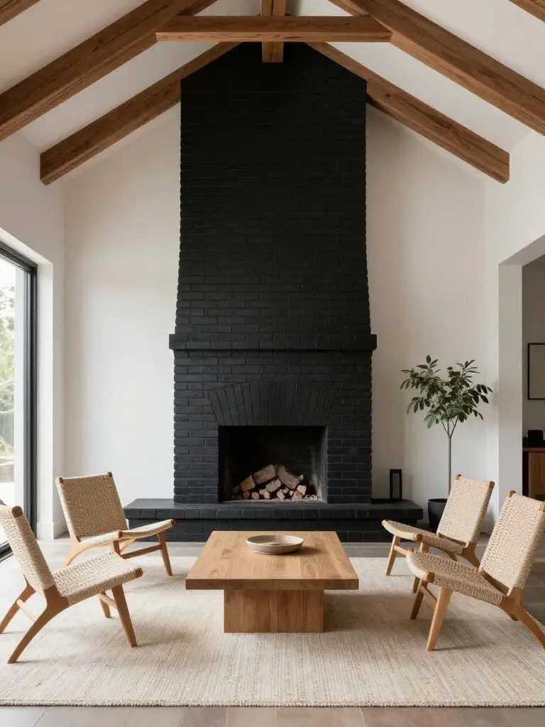 A mid-century inspired stylish minimalist living room featuring a dramatic matte black brick fireplace rising to a vaulted ceiling with expo.