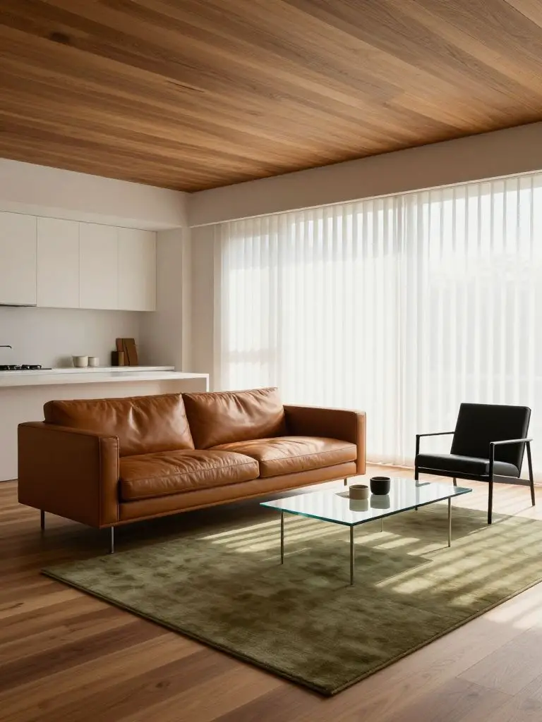 An open-concept mid-century minimalist living room blending into a white kitchen, styled in Warm Minimalist with subtle retro influence.