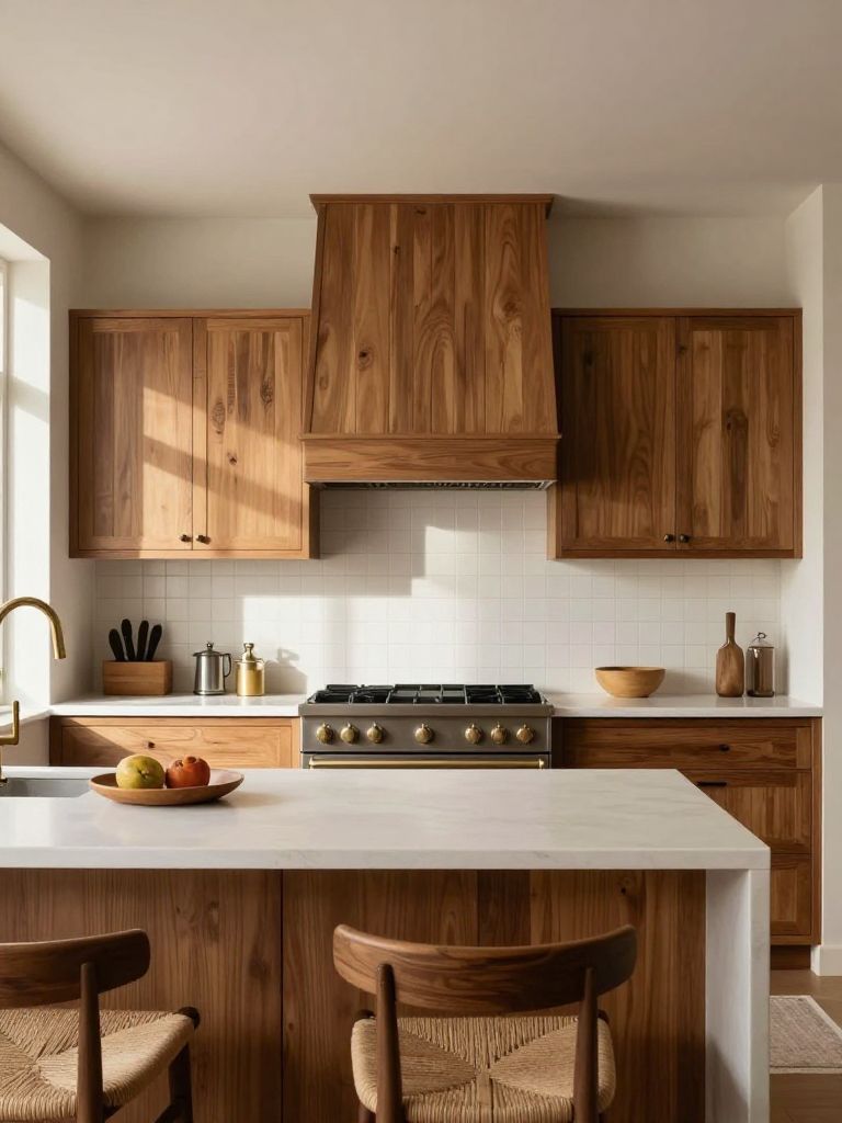 A midcentury-inspired earthy kitchen showcasing flat-panel light wood cabinets paired with a slim white tile backsplash and a warm walnut is.