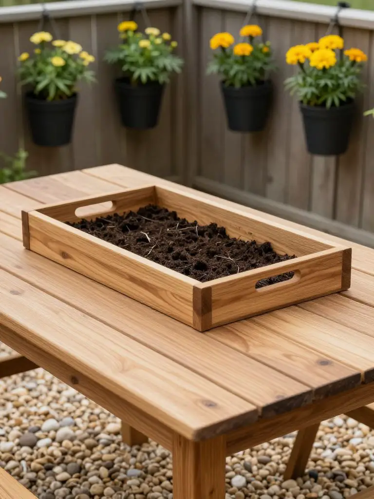 A compact tabletop raised garden tray placed on a rustic wooden outdoor table in a small fenced yard.