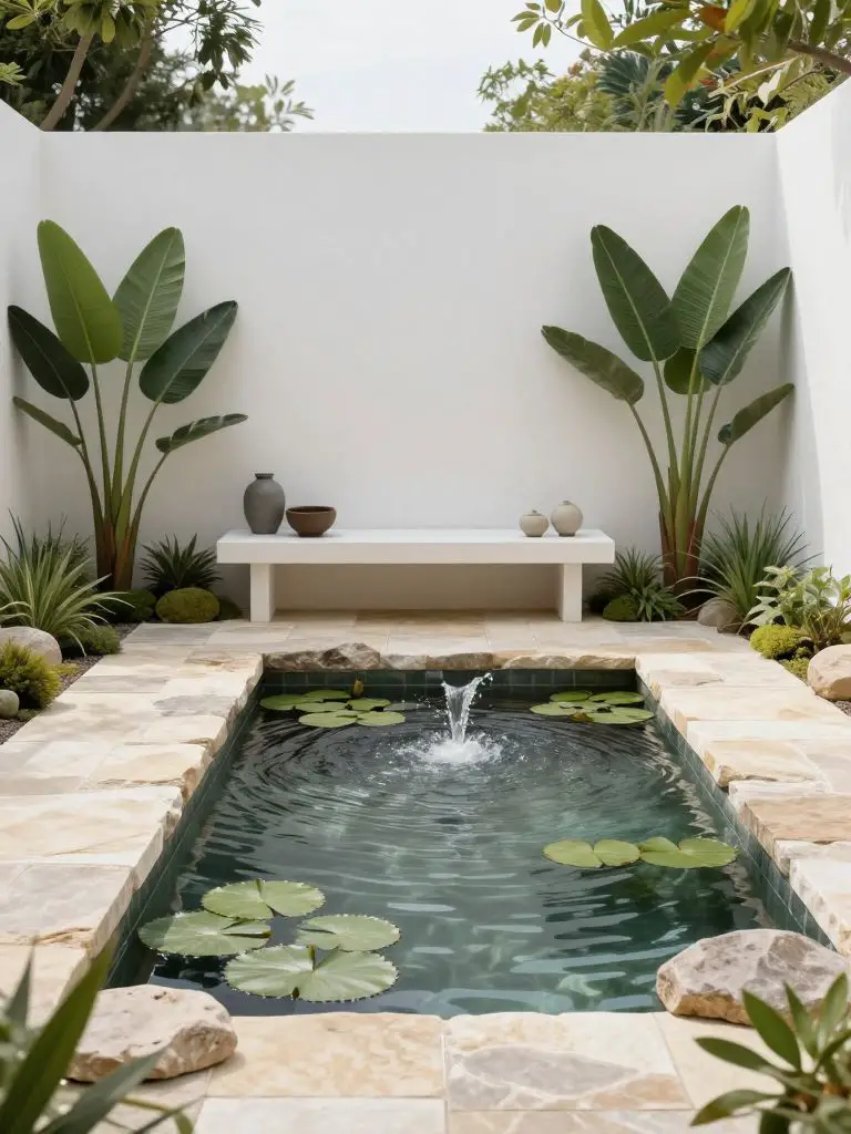 A serene small backyard water feature designed in Warm Minimalist with Zen-inspired influence.