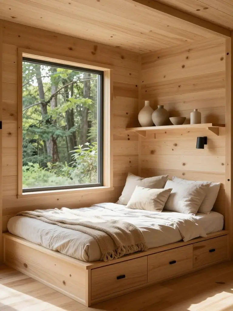 A minimal built-in tiny cabin window bed nook designed in Warm Minimalist Rustic style, fully wrapped in natural pine plank walls and ceilin.