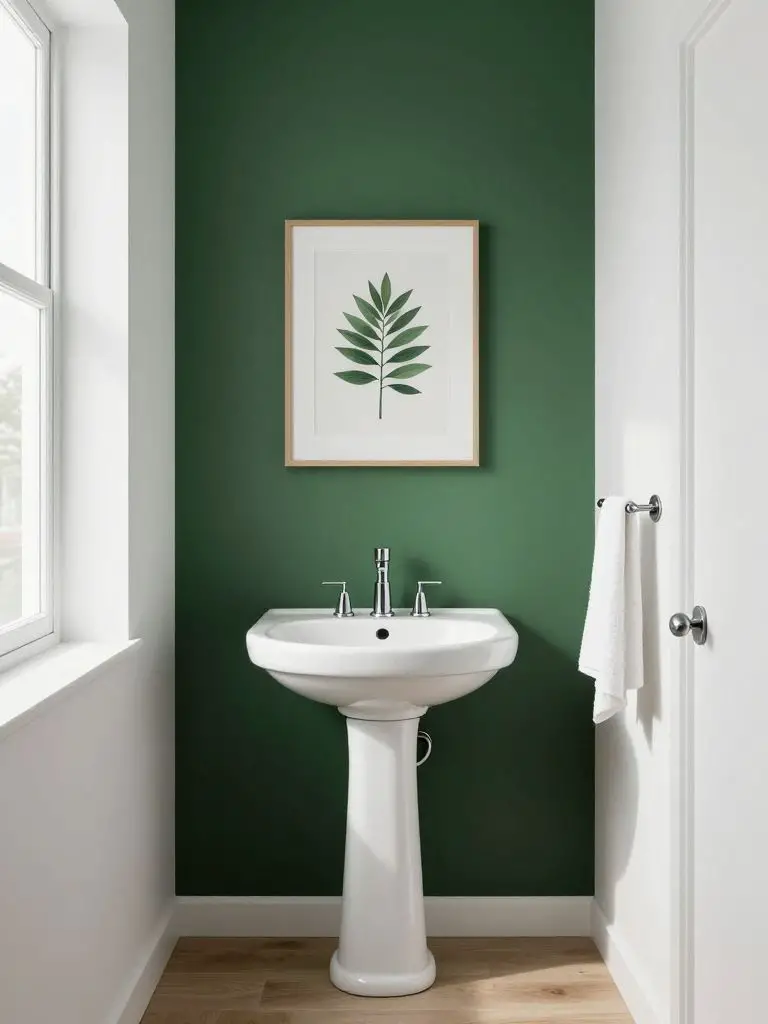 A minimal small bathroom with a dark green accent wall contrasting crisp white walls and fixtures.