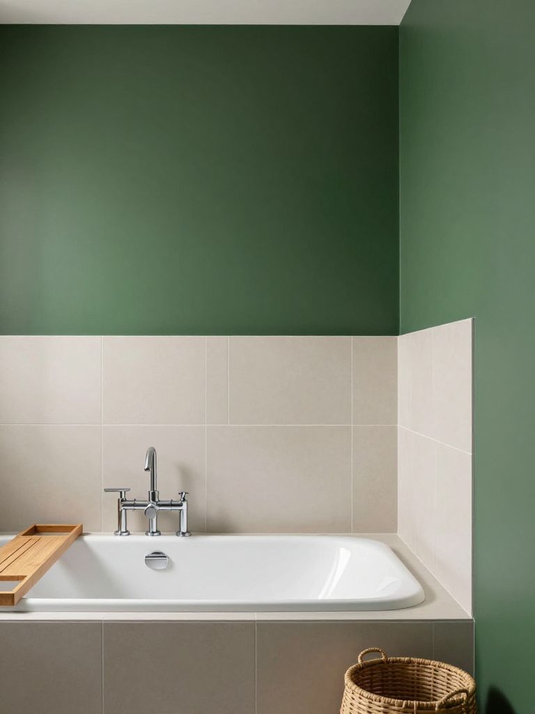 A minimal dark green accent wall bathroom paired with light neutral tiles and simple geometric decor.