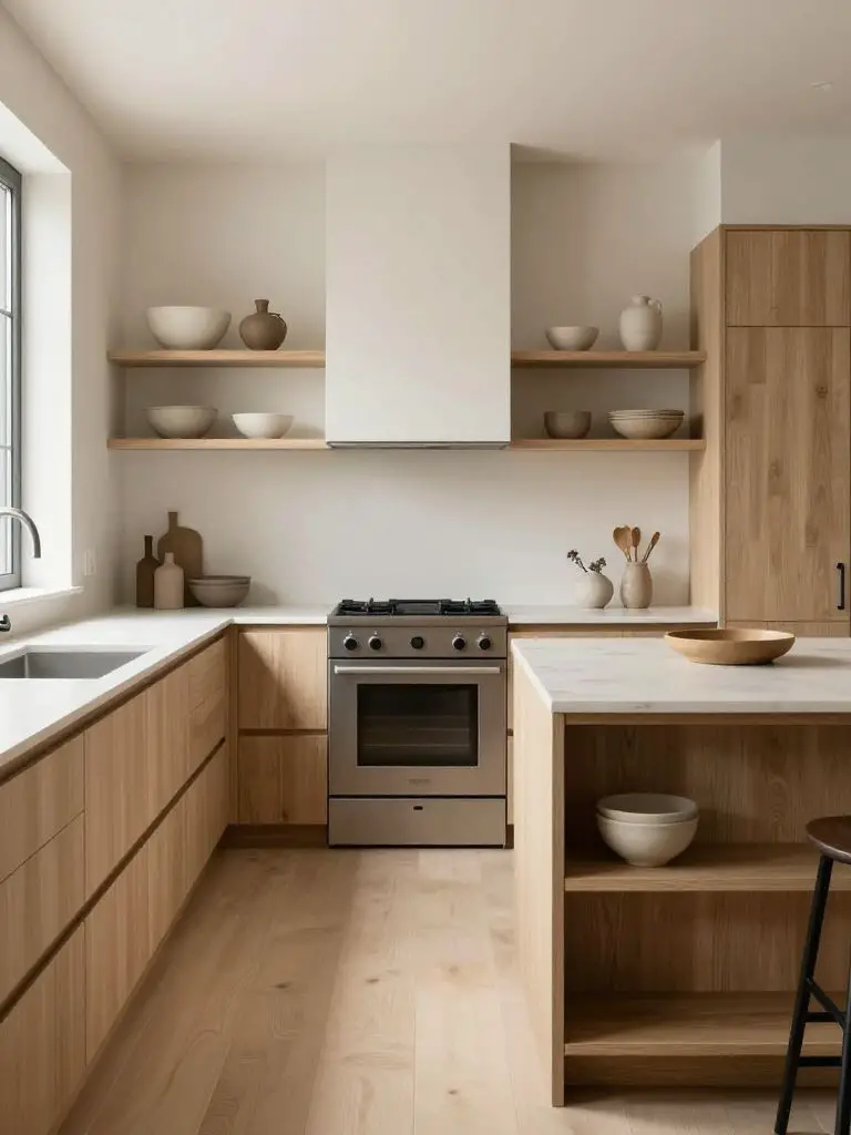 A streamlined modern earthy galley kitchen blending Warm Minimalist and Scandinavian rustic influences.