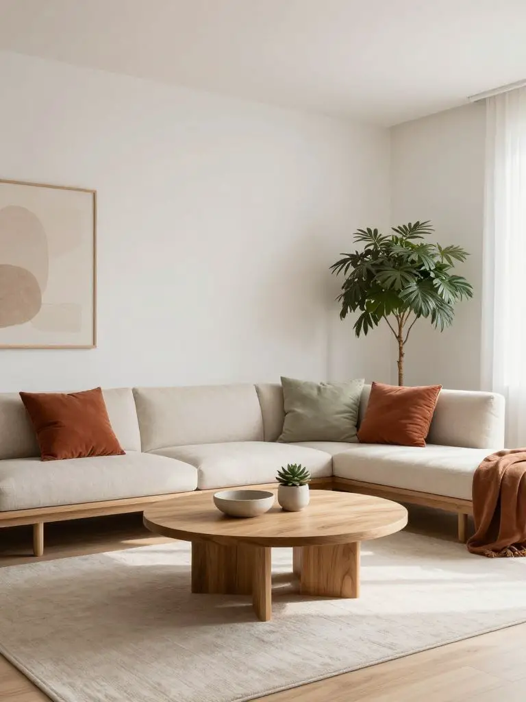A minimalist modern earthy living room designed with low-profile wood-framed seating and a round solid oak coffee table centered on a pale t.