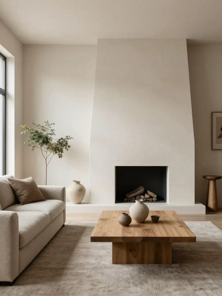 A minimalist modern earthy living room featuring a plaster fireplace wall and a low solid wood coffee table as the hero focal point.