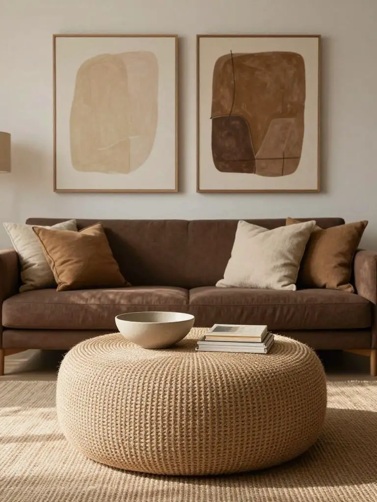 A minimal cozy earthy living room styled in Organic Modern fashion, featuring a deep brown sofa with layered camel and sand pillows.
